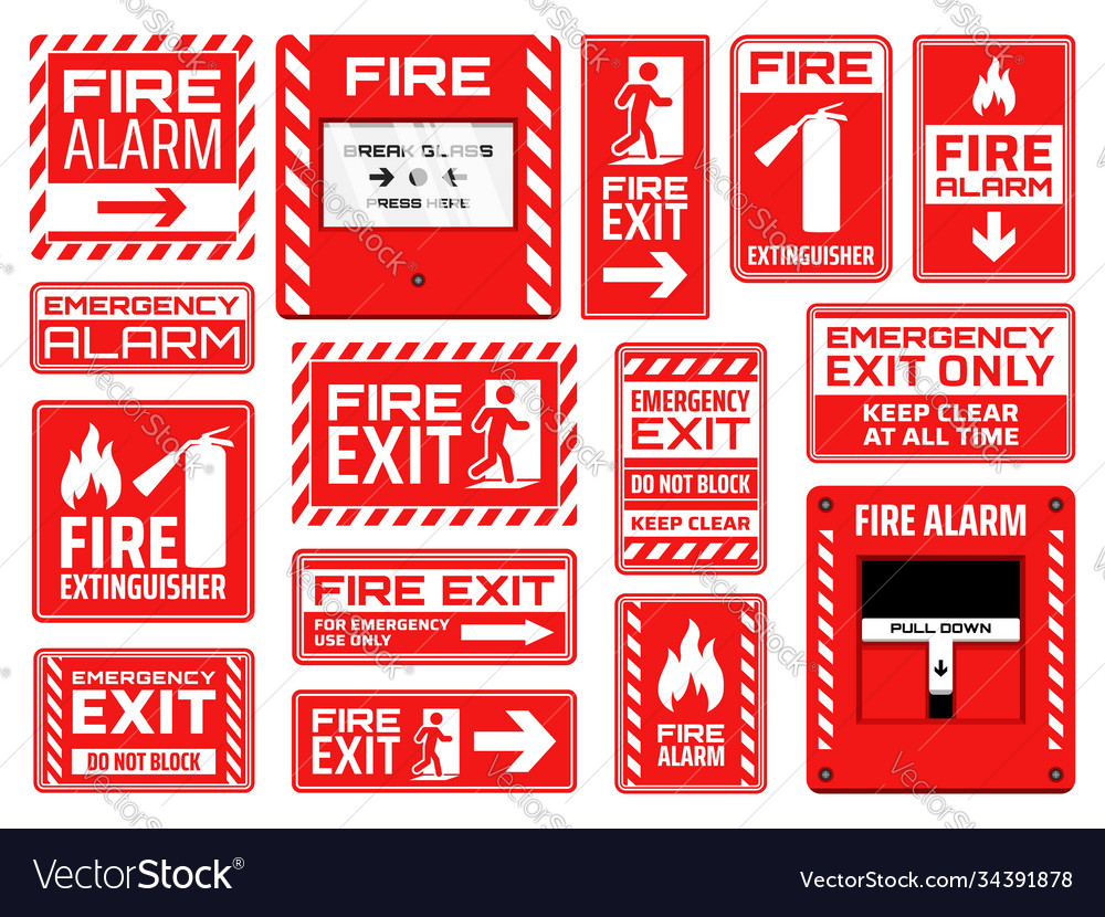 Fire emergency exit extinguisher and alarm signs Vector Image