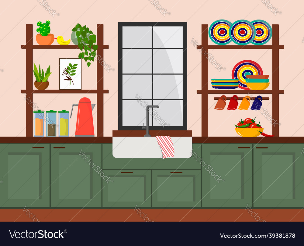Kitchen interior with window and various Vector Image
