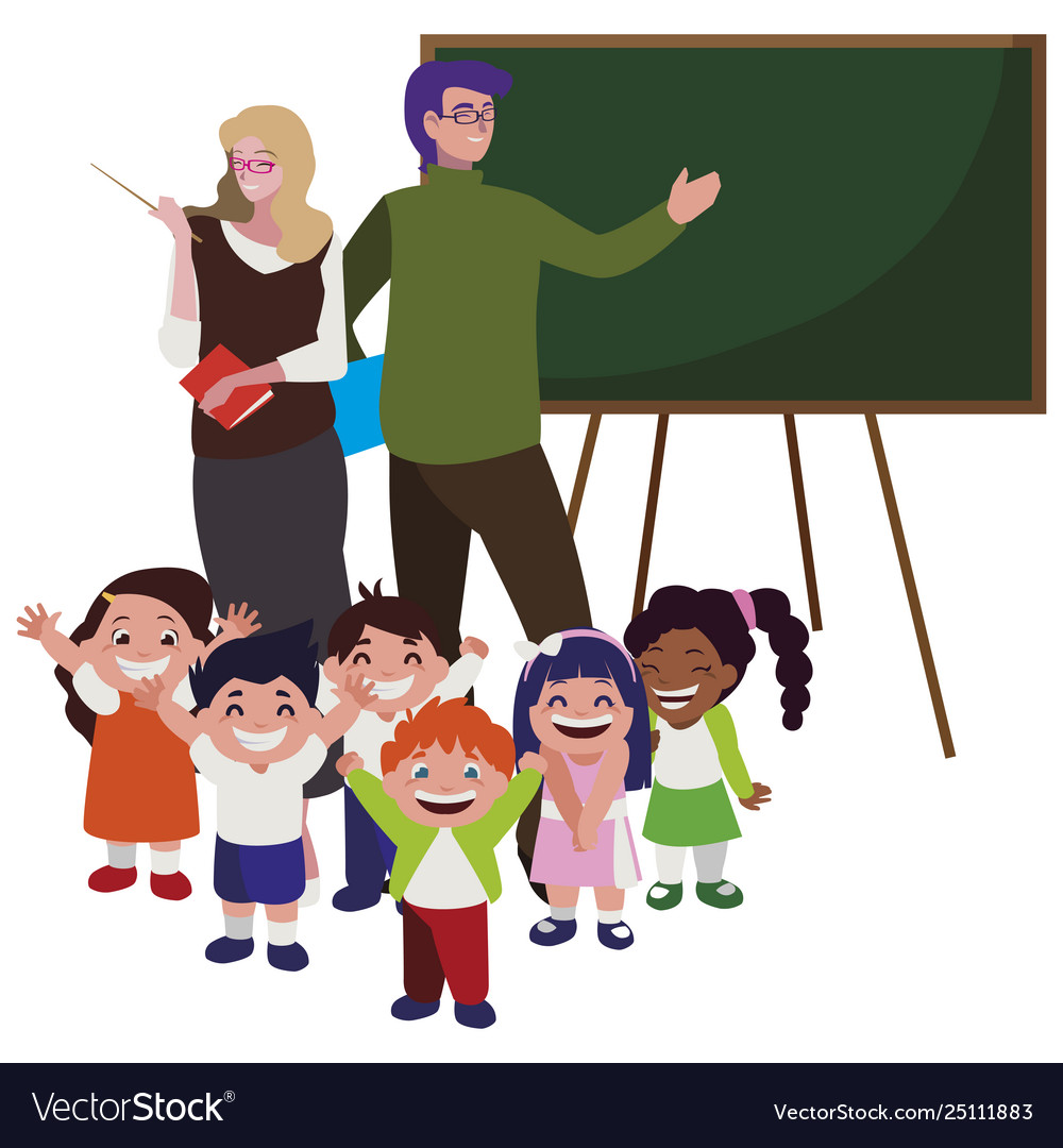 Teachers couple with little students Royalty Free Vector