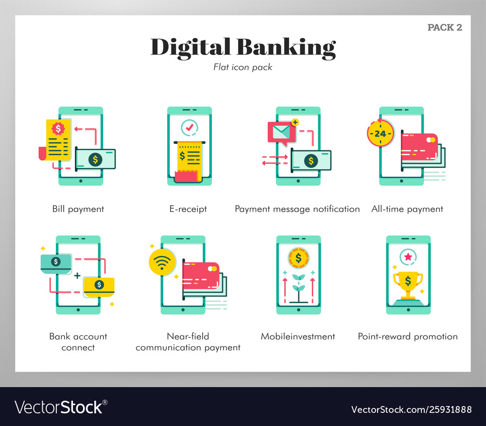 Digital banking icons flat pack Royalty Free Vector Image