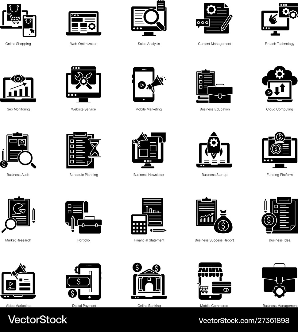 Pack e business solid icons Royalty Free Vector Image