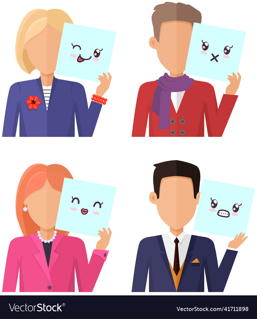 Set of people holding kawaii cute stickers men Vector Image