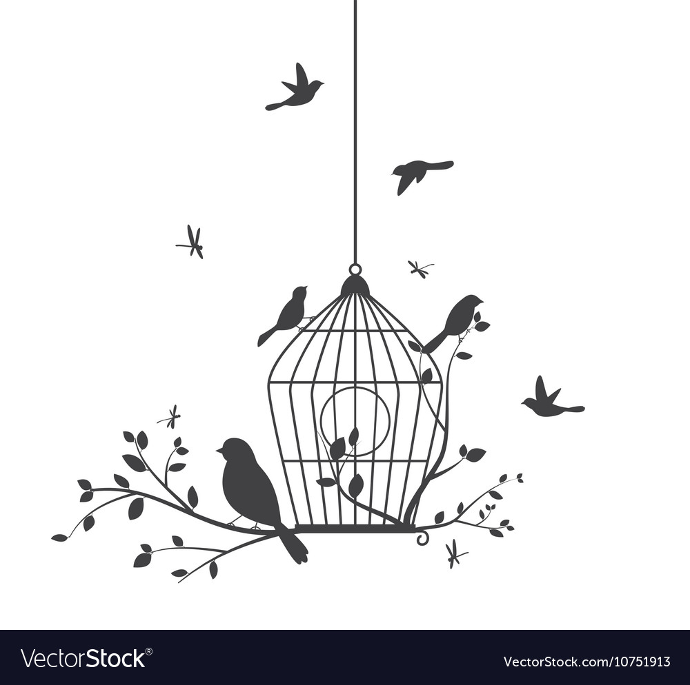 Colorful birds with tree and birdcage Royalty Free Vector