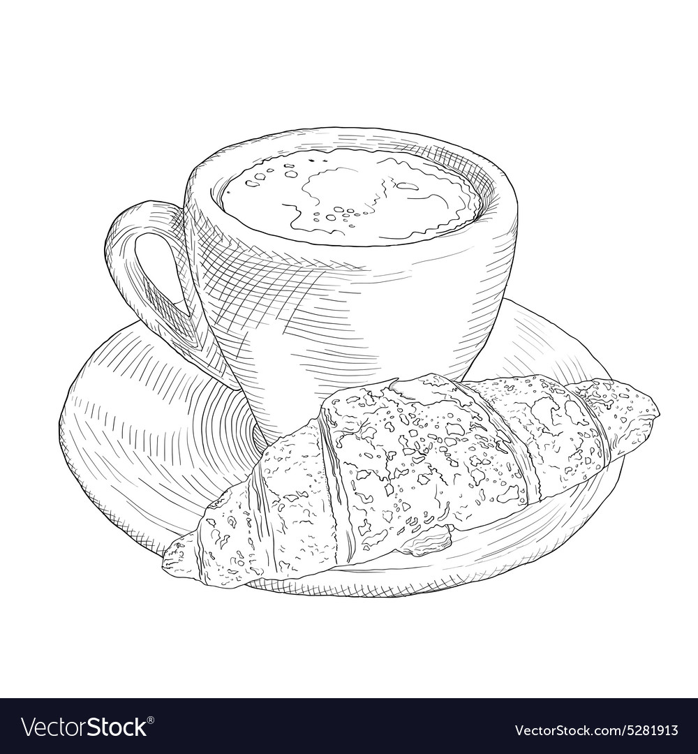 Hand drawn coffee cup and croissant vinage