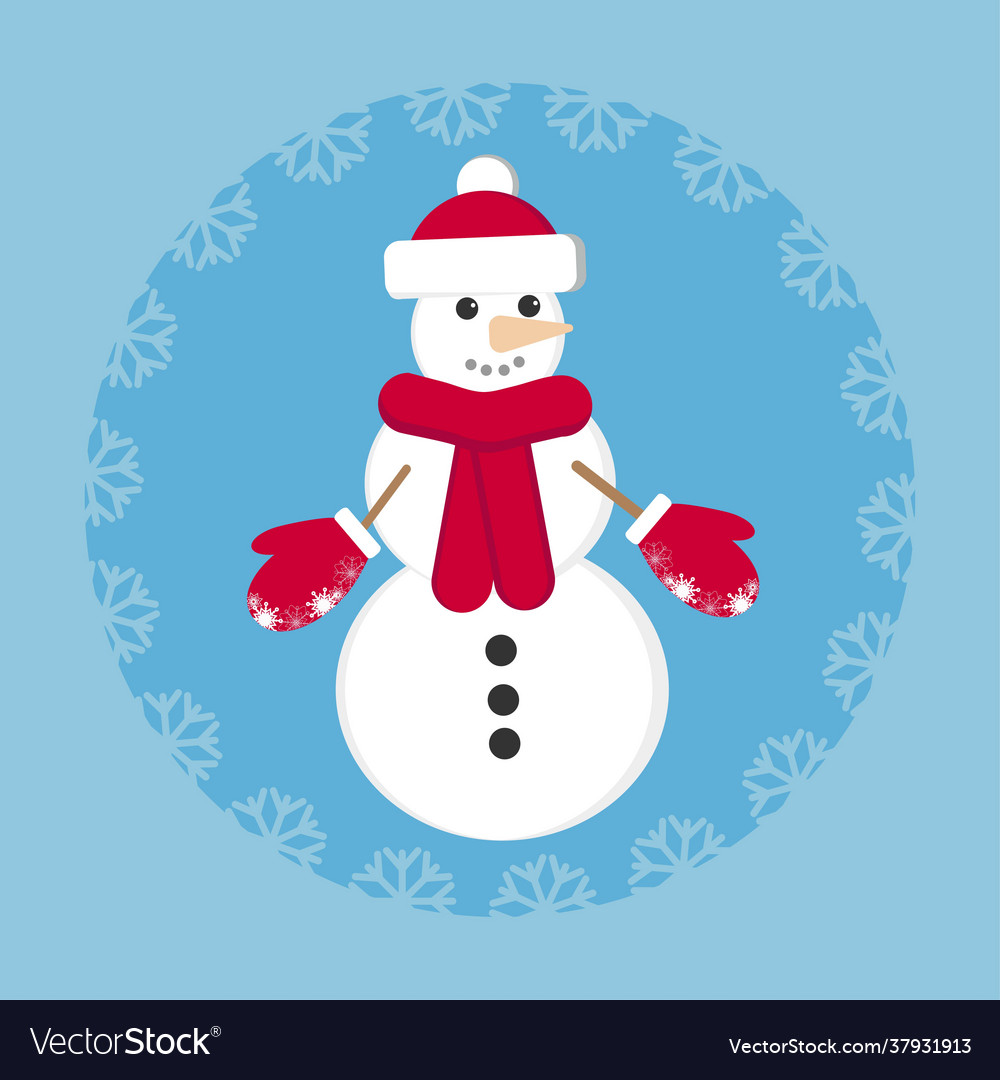 Snowman in red mittens with snowflakes