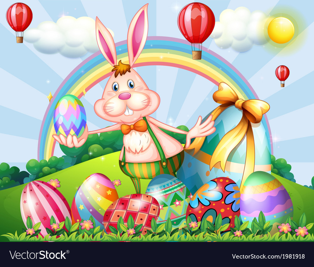 A bunny at the hilltop with easter eggs Royalty Free Vector