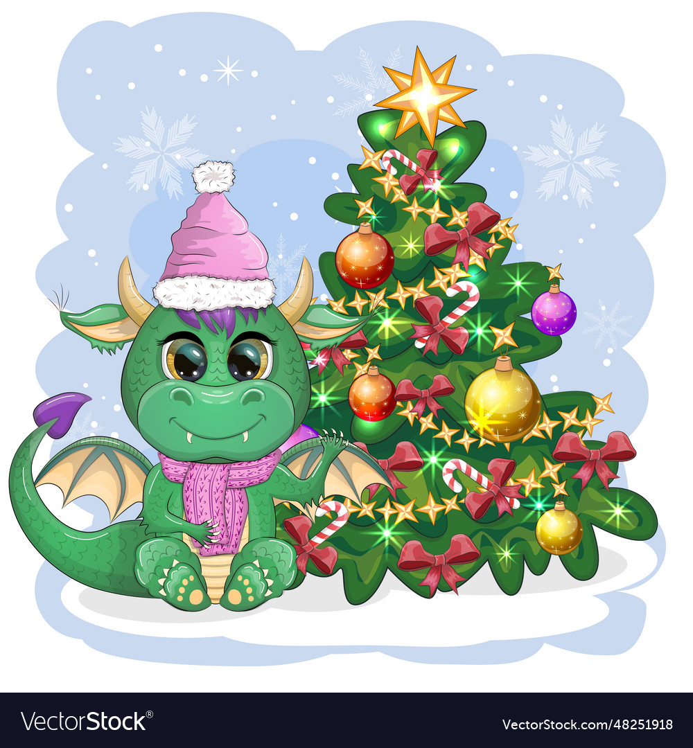 A cute cartoon green dragon in a santa hat holds Vector Image