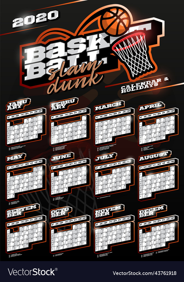Basketball sport wall vertical calendar for 2020 Vector Image