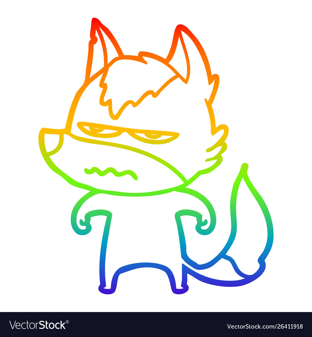 Rainbow Gradient Line Drawing Cartoon Annoyed Wolf