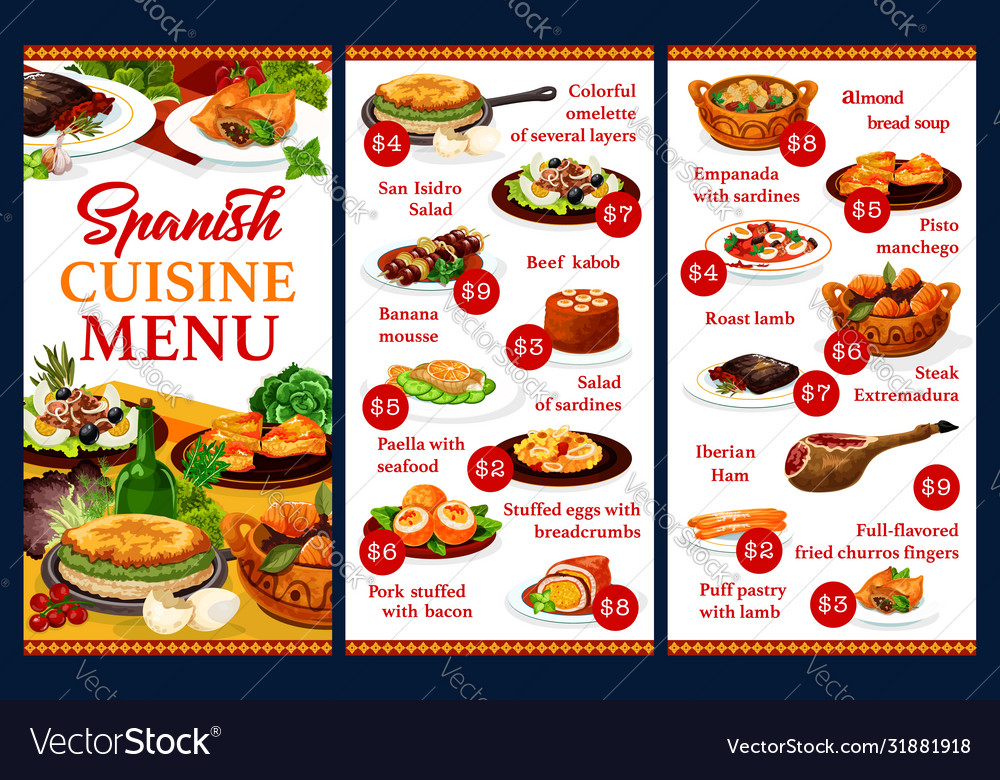 Spanish Cuisine Restaurant Menu Dishes Royalty Free Vector