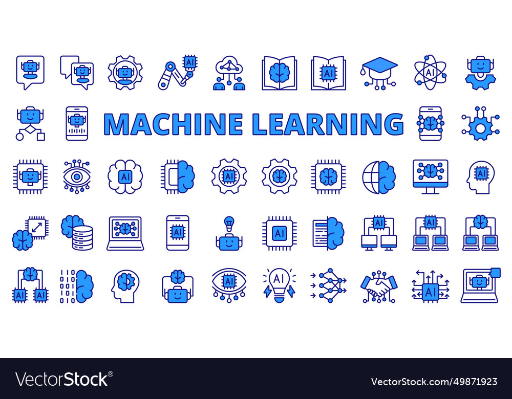 Machine learning icons line design blue Royalty Free Vector