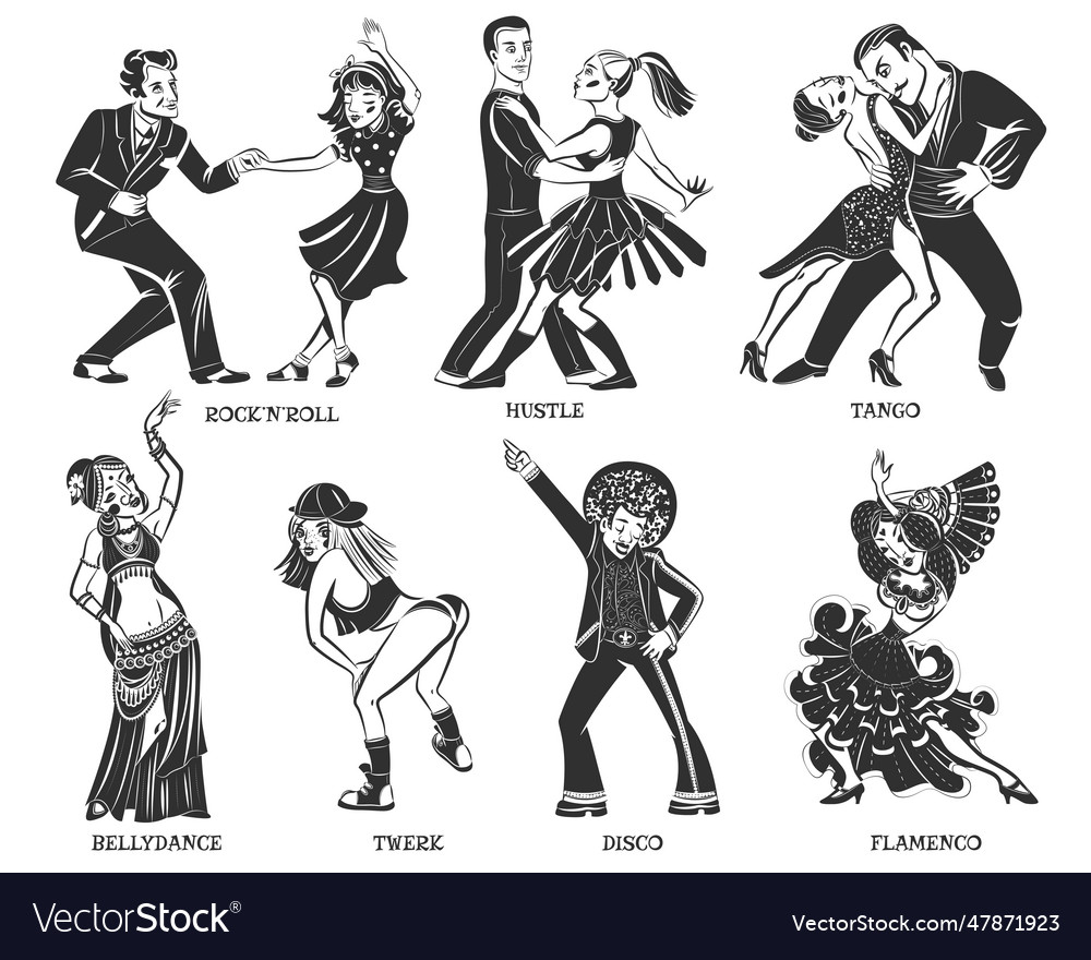 Popular native dance black icons set Royalty Free Vector