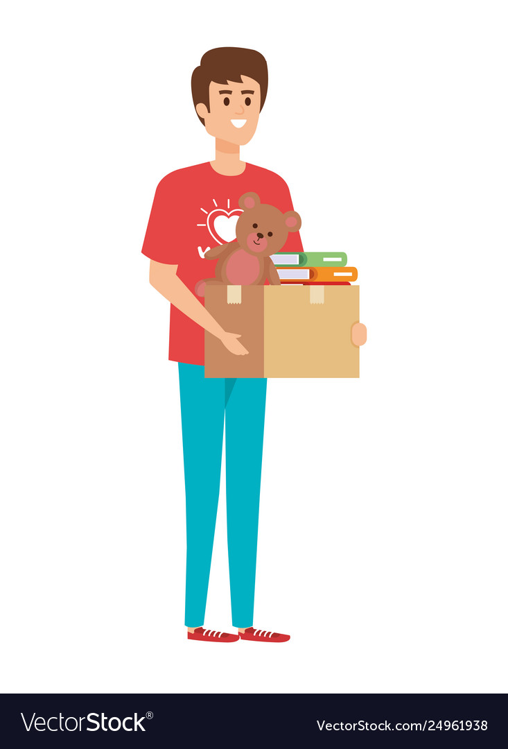 Young man volunteer lifting donations box Vector Image