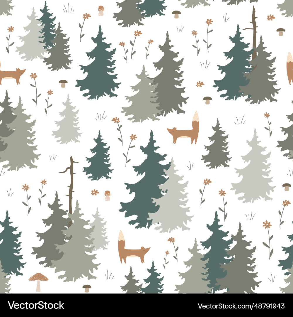 Seamless forest pattern with cute foxes cartoon Vector Image