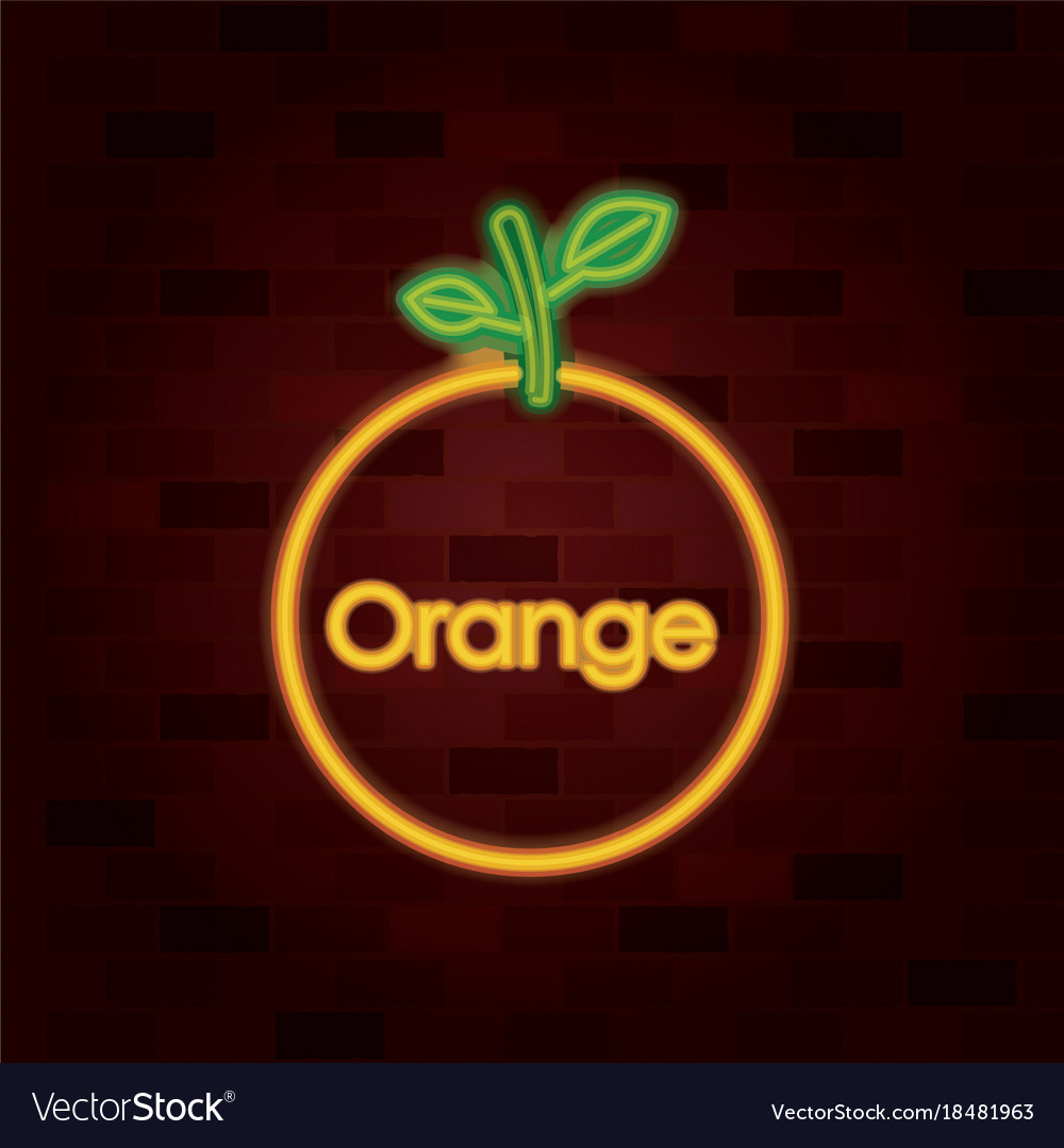 Orange fruit and text in neon sign on brick wall