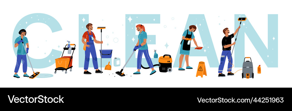 People cleaners workers clean big word Royalty Free Vector