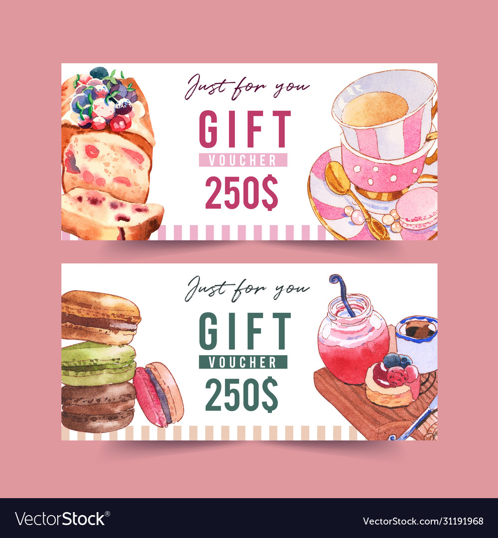 Dessert voucher design with bread and macarons Vector Image