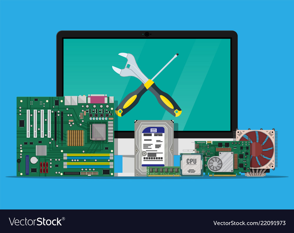 Computer store, computer service, computer components, parts flat  illustration Stock Vector