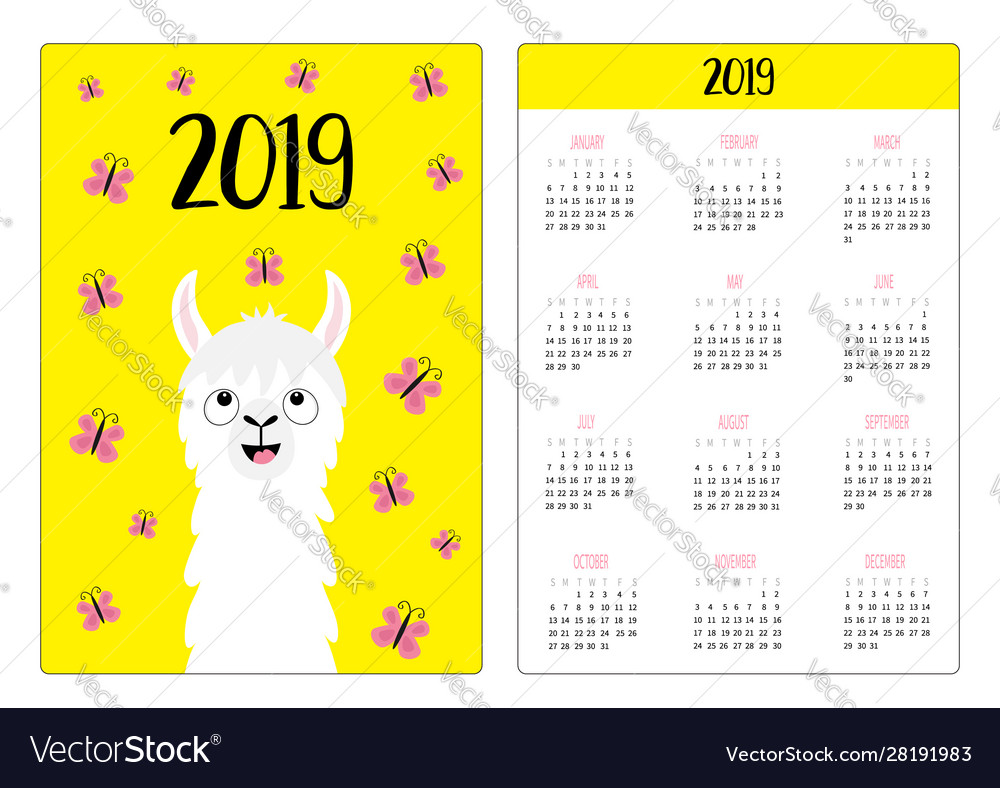 Alpaca llama and butterfly simple pocket calendar Vector Image