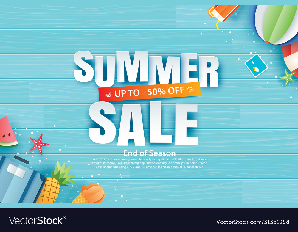 Summer sale with decoration origami on blue vector image Summer sale with decoration origami on blue