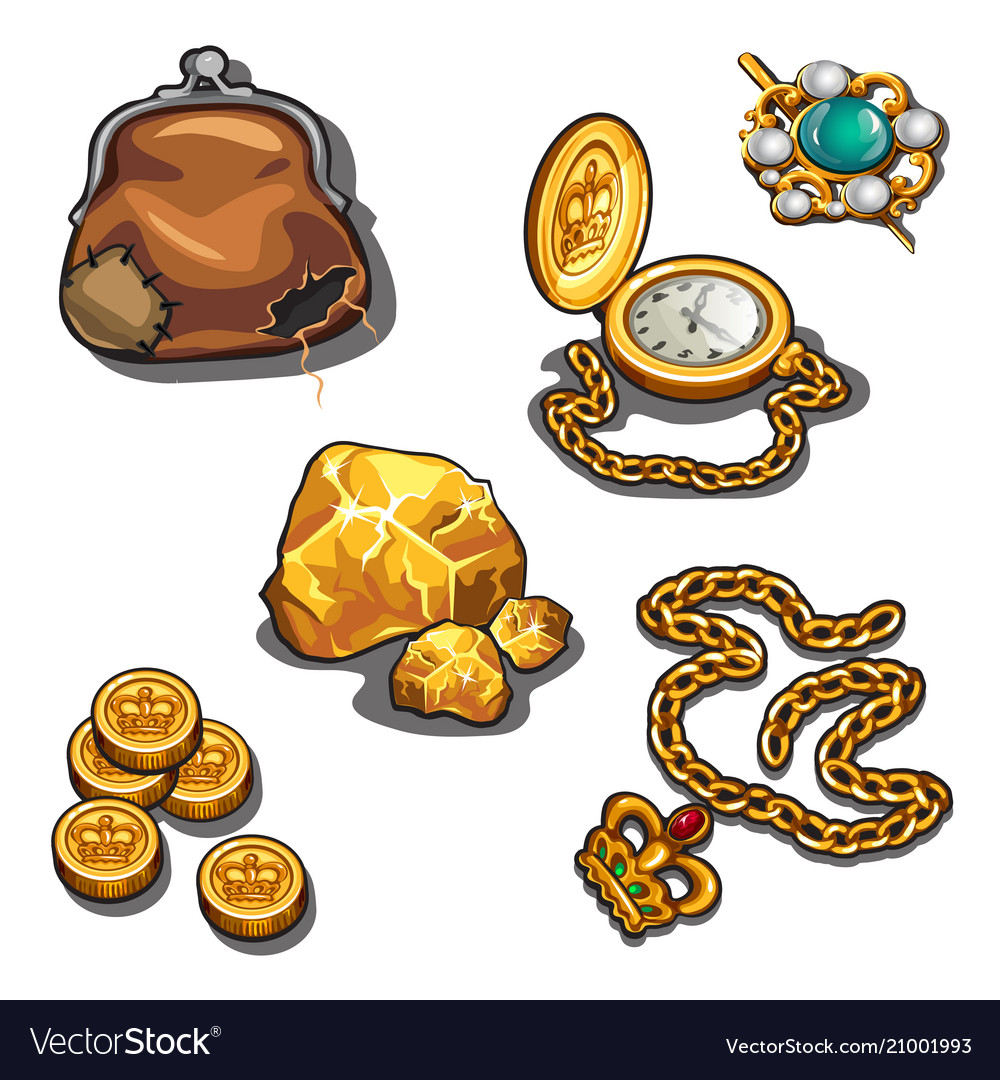 A set jewelry and objects made gold isolated Vector Image