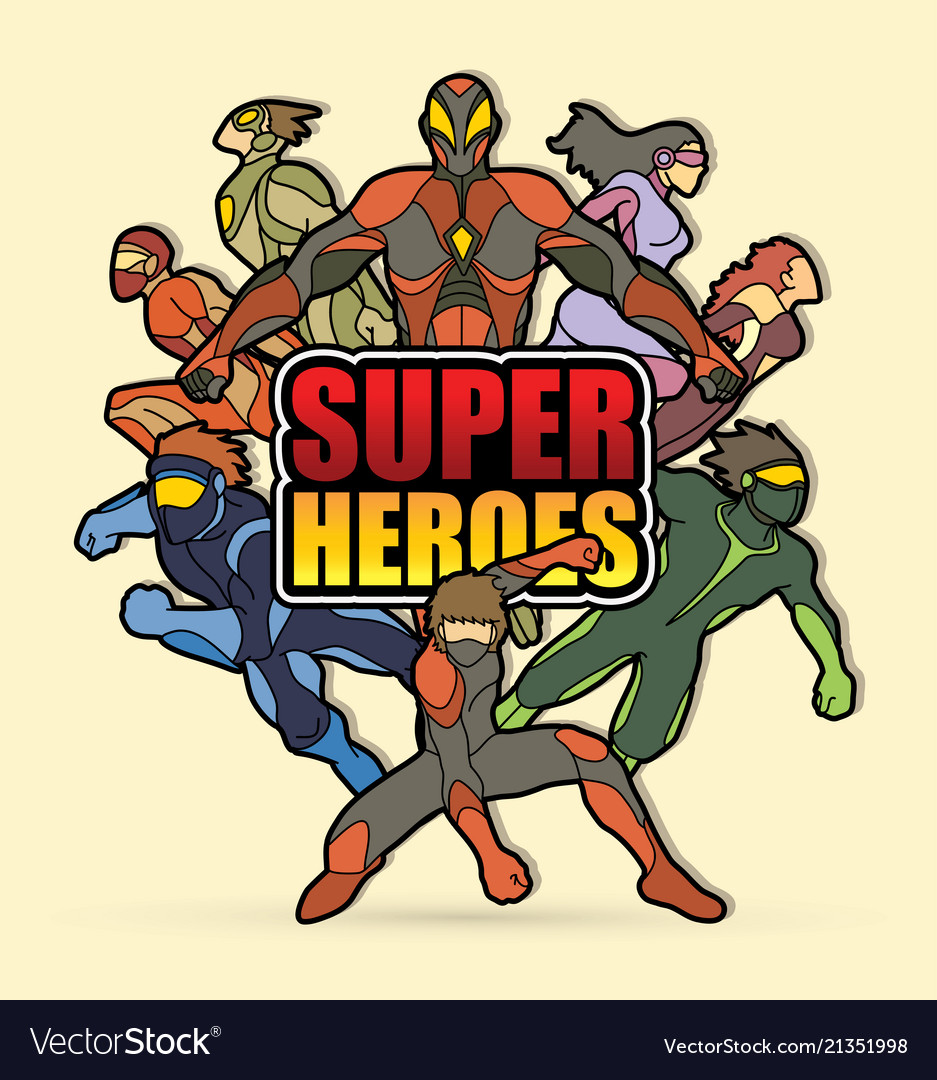 Group of super heroes action with text Royalty Free Vector