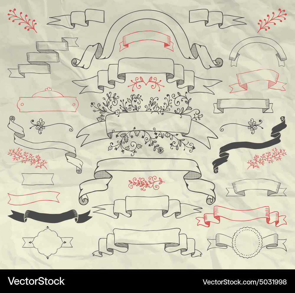 Hand Drawn Doodle Ribbons Collection on Crumpled Vector Image