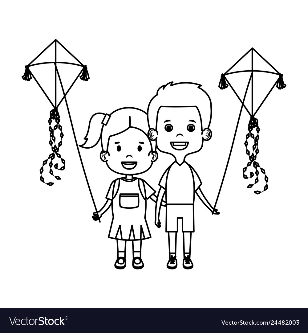 Kids couple with kite flying Royalty Free Vector Image