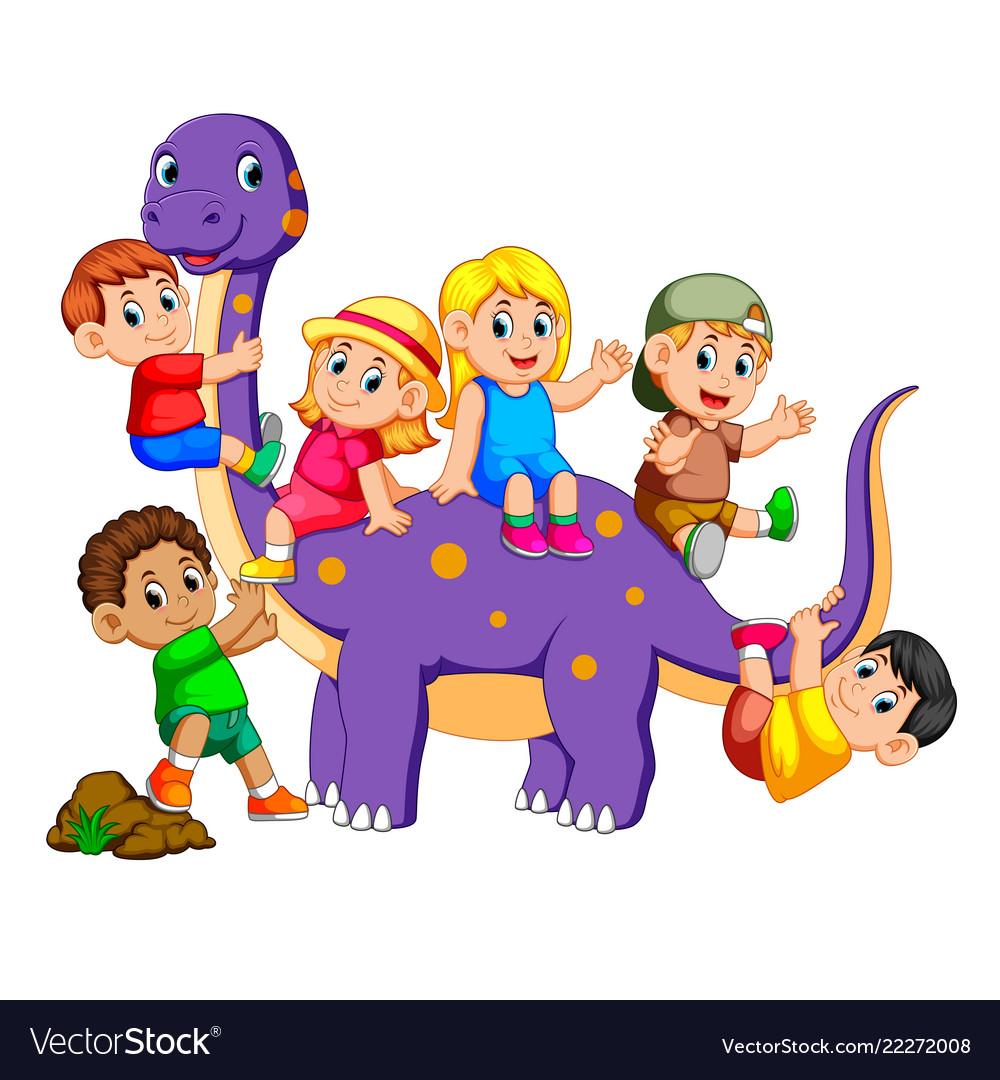 Children get into the brontosaurus Royalty Free Vector Image