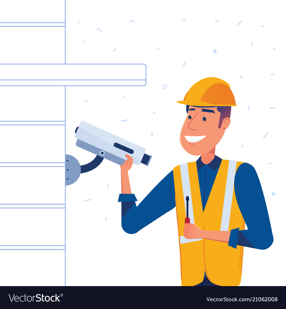 security company employee sets up security camera vector image