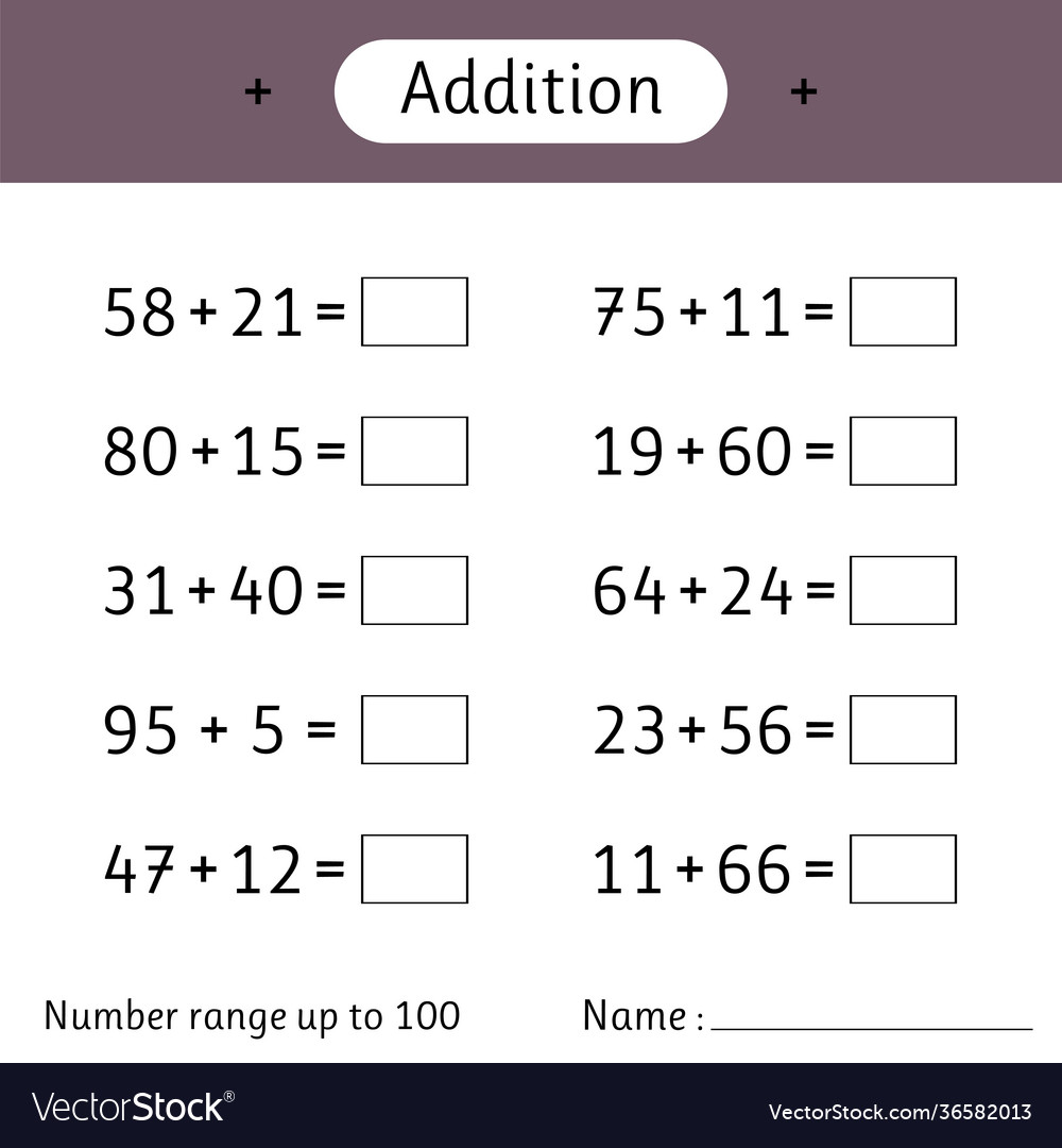 Addition number range up to 100 mathematics Vector Image