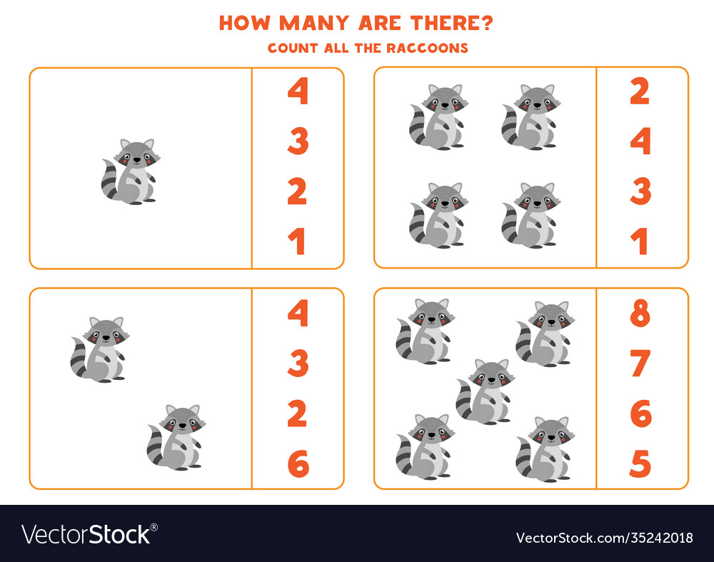 Counting math game with cute cartoon raccoons Vector Image