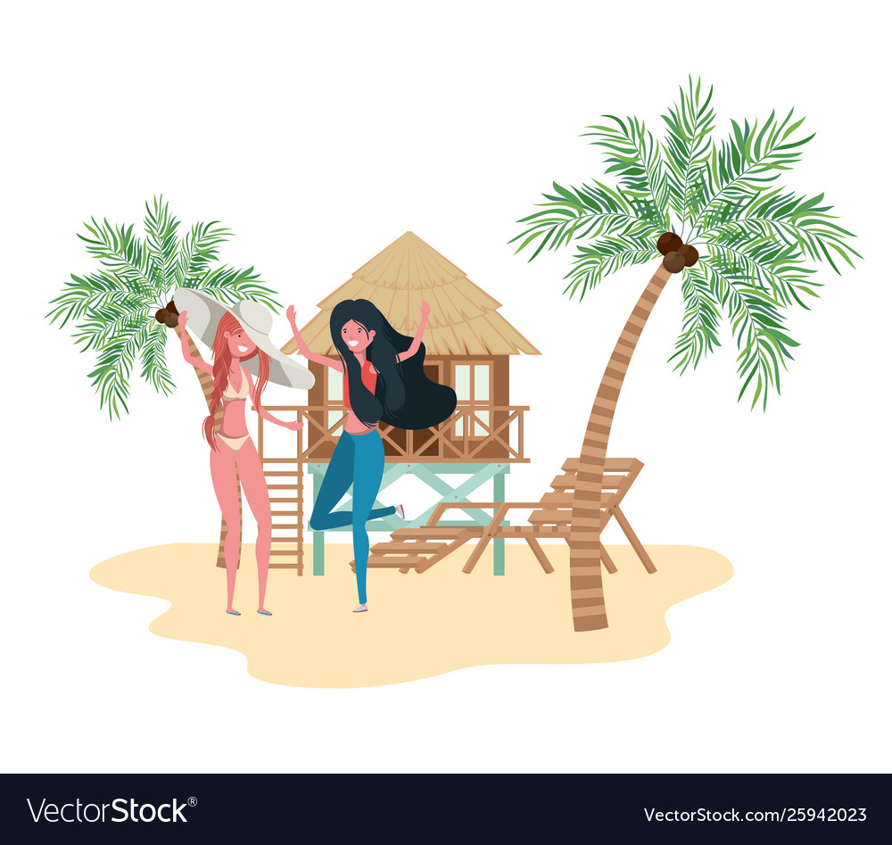Women Standing In Beach With Beach House Vector Image