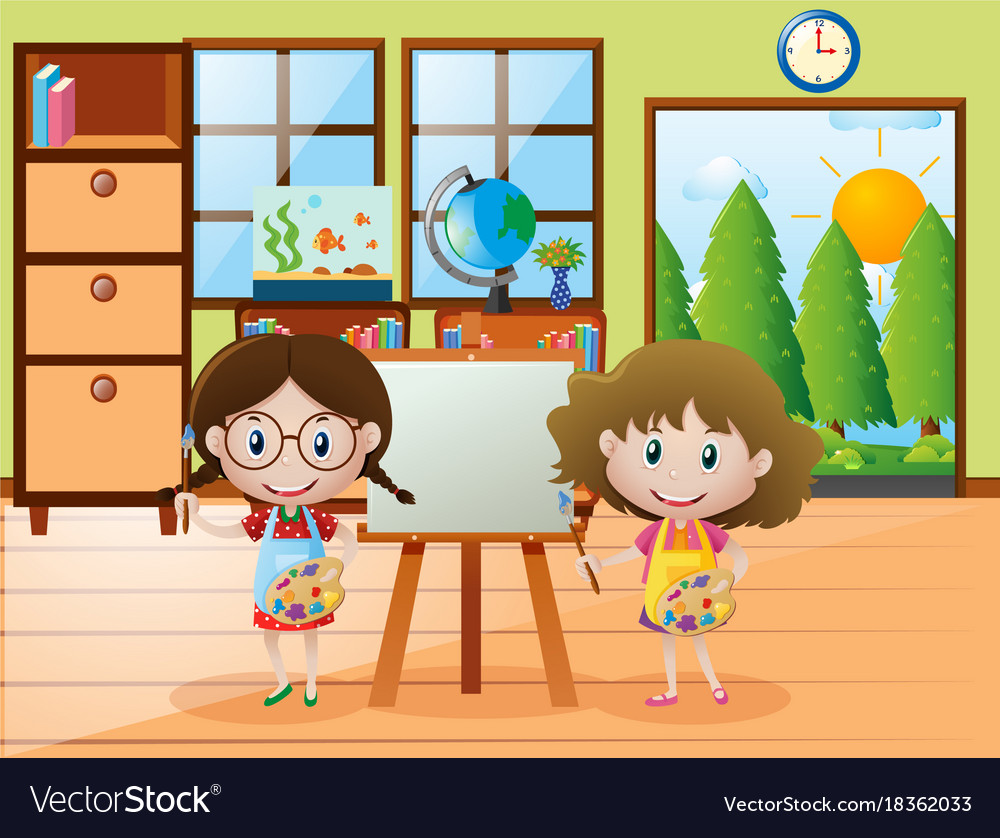 Two girls with paintbrush and paint palette Vector Image