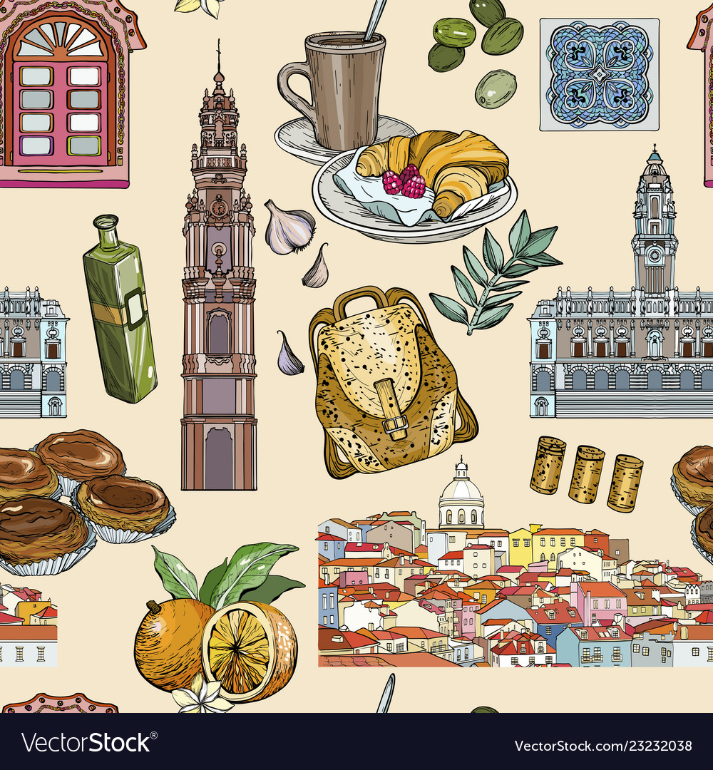 Seamless pattern with portugal landmarks