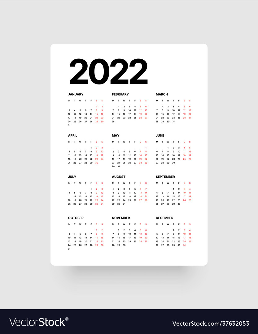 Calendar for 2022 year week starts on monday Vector Image