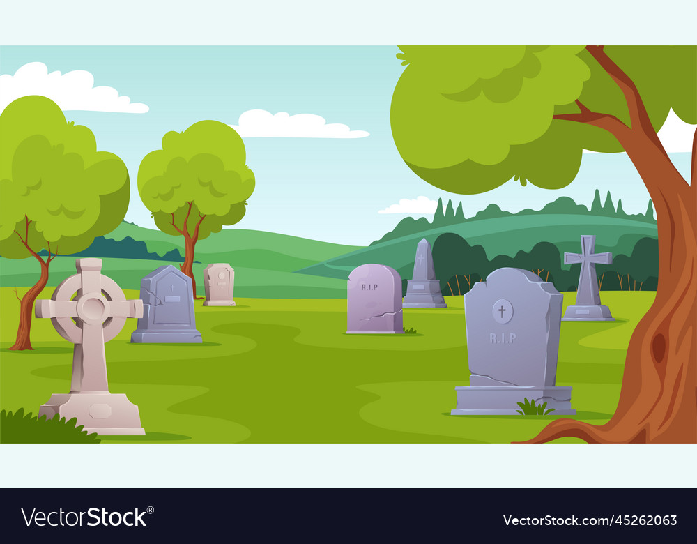 A cemetery with tombstones among trees Royalty Free Vector