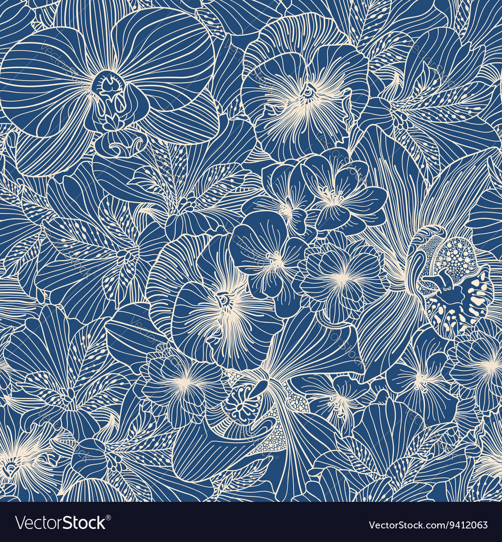 Seamless flower line art pattern Royalty Free Vector Image
