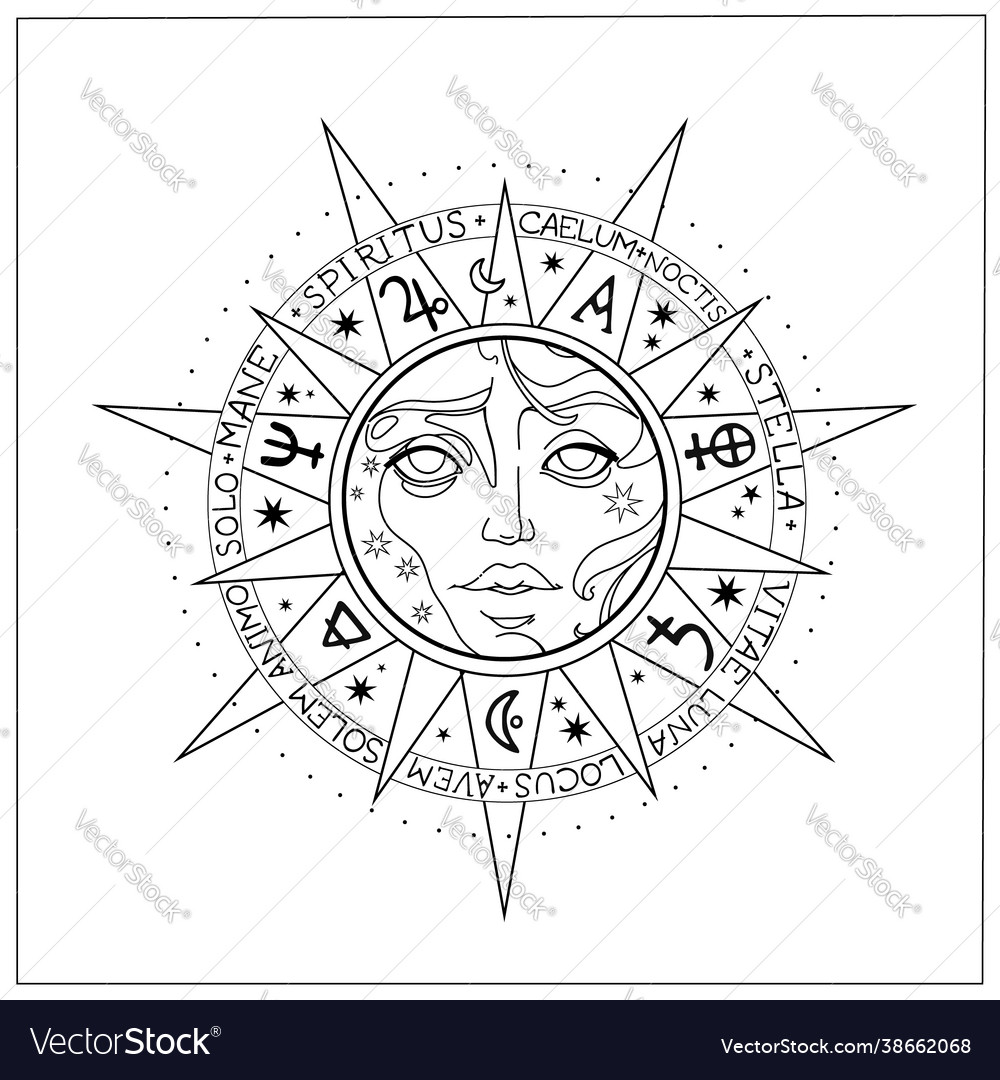 Composition alchemical symbols and moon Royalty Free Vector