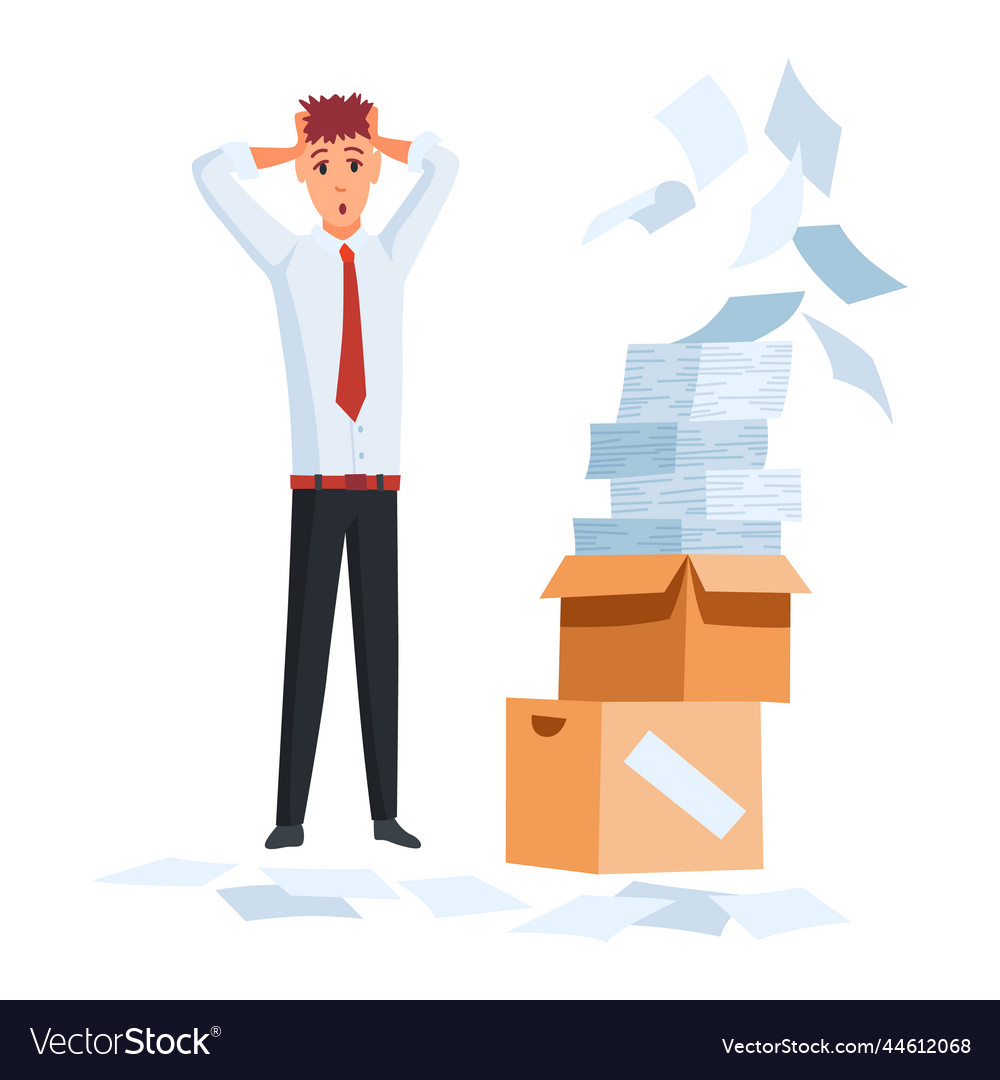 Office paperwork worker with stack Royalty Free Vector Image