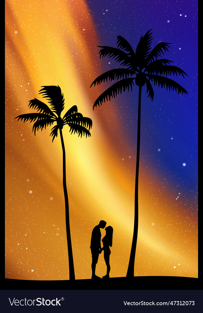 Lovers on sand under palm trees night palm beach Vector Image