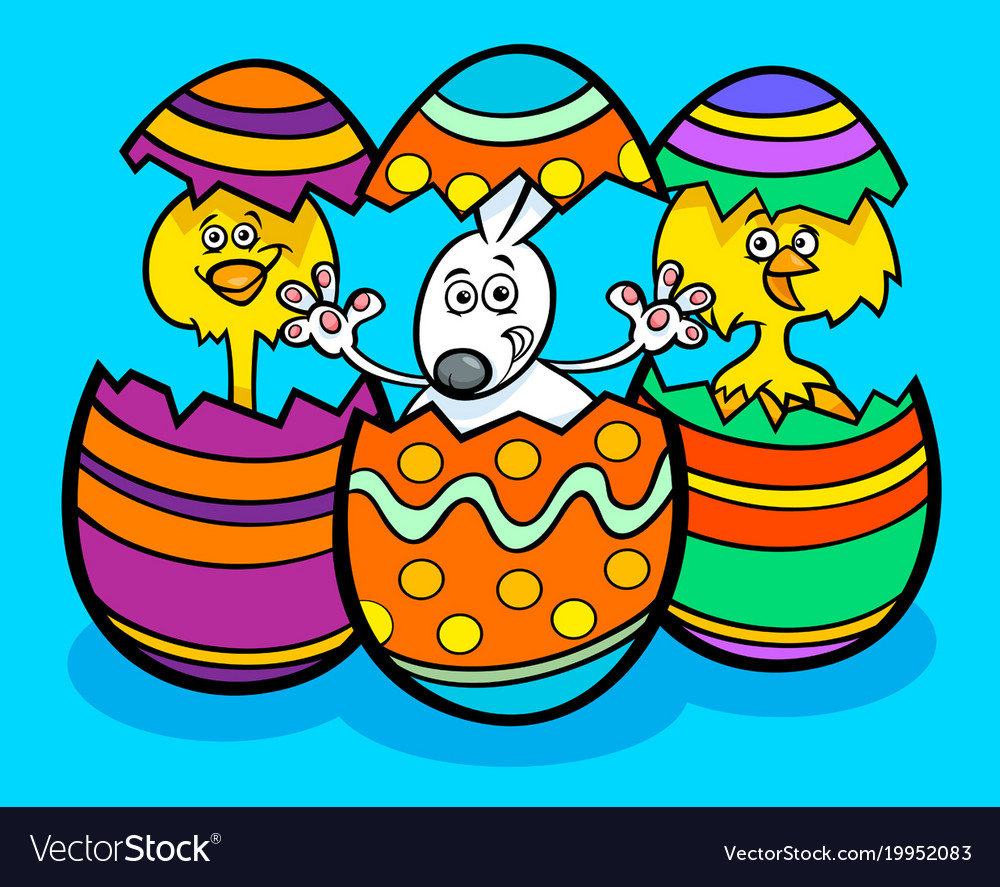 Easter bunny and chickens cartoon Royalty Free Vector Image