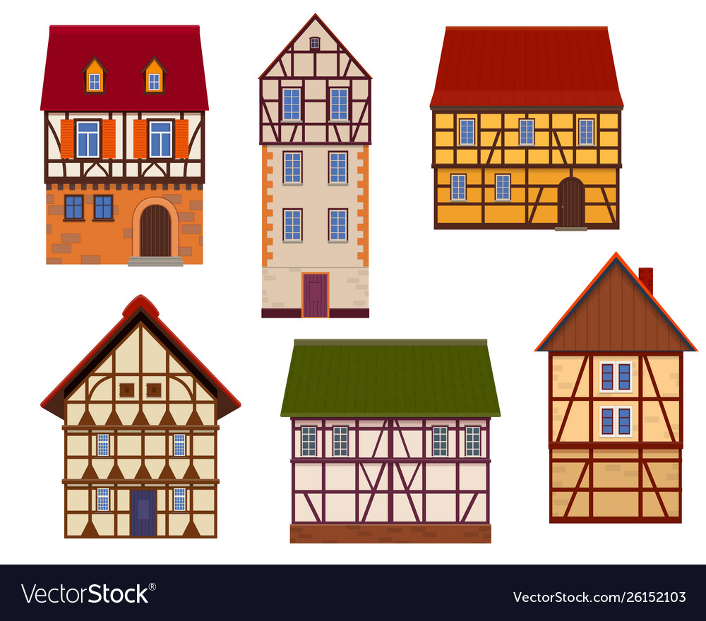 Set half timbered houses on white background Vector Image