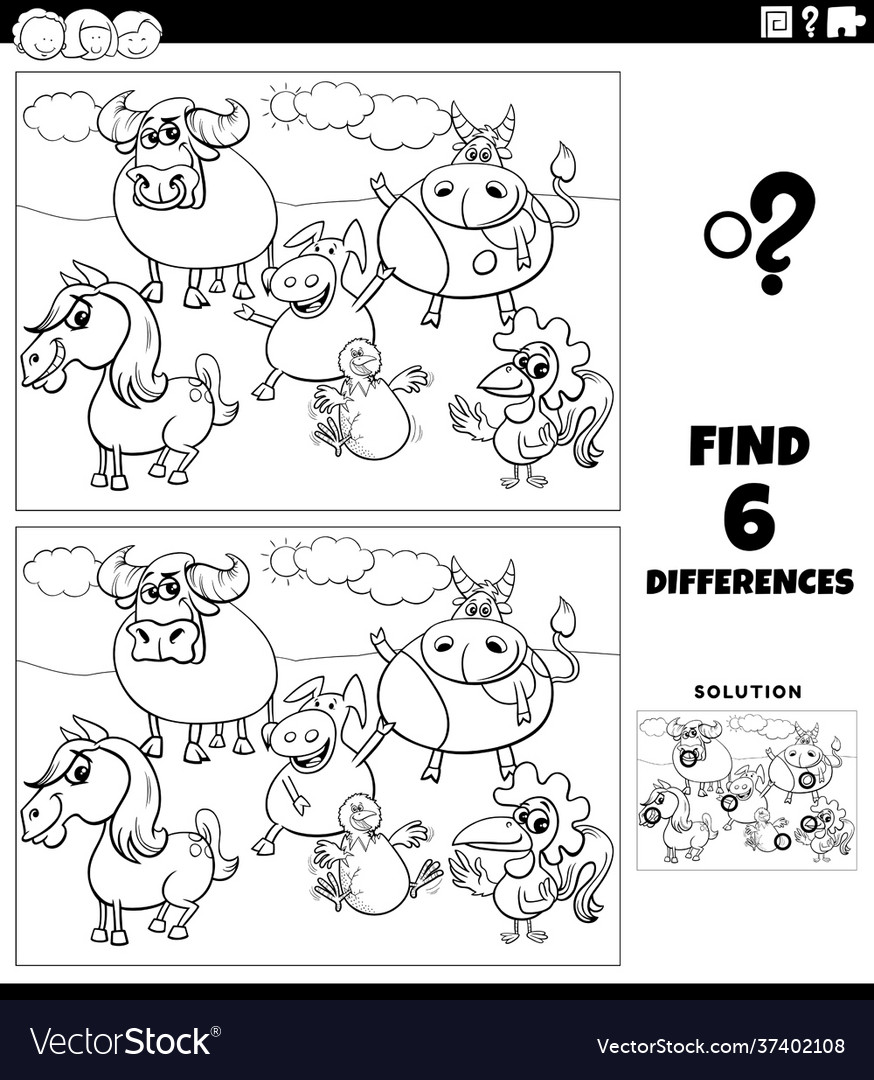 Differences game with farm animals coloring book Vector Image