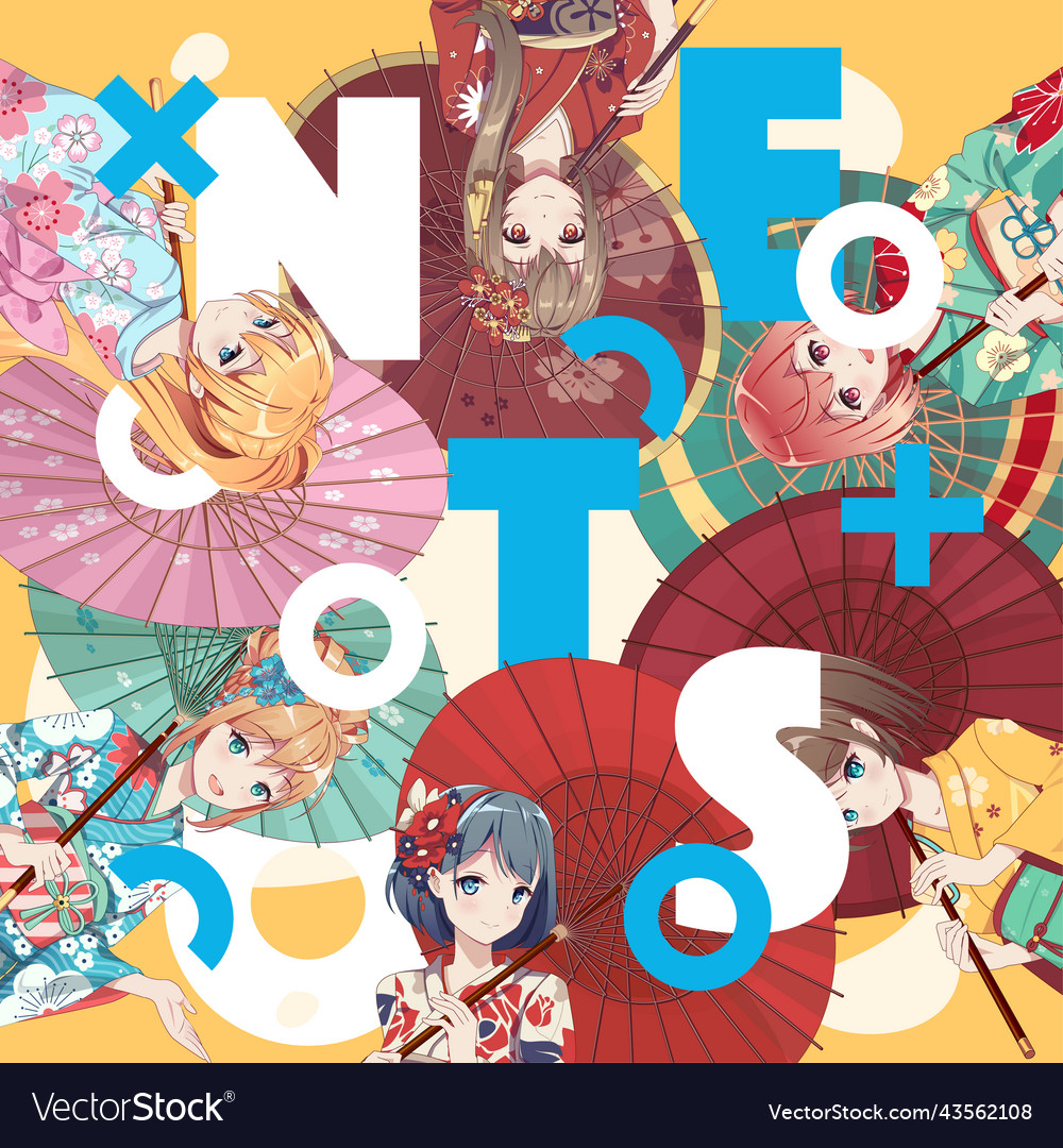 Poster flyer anime manga girls in kimono holding Vector Image