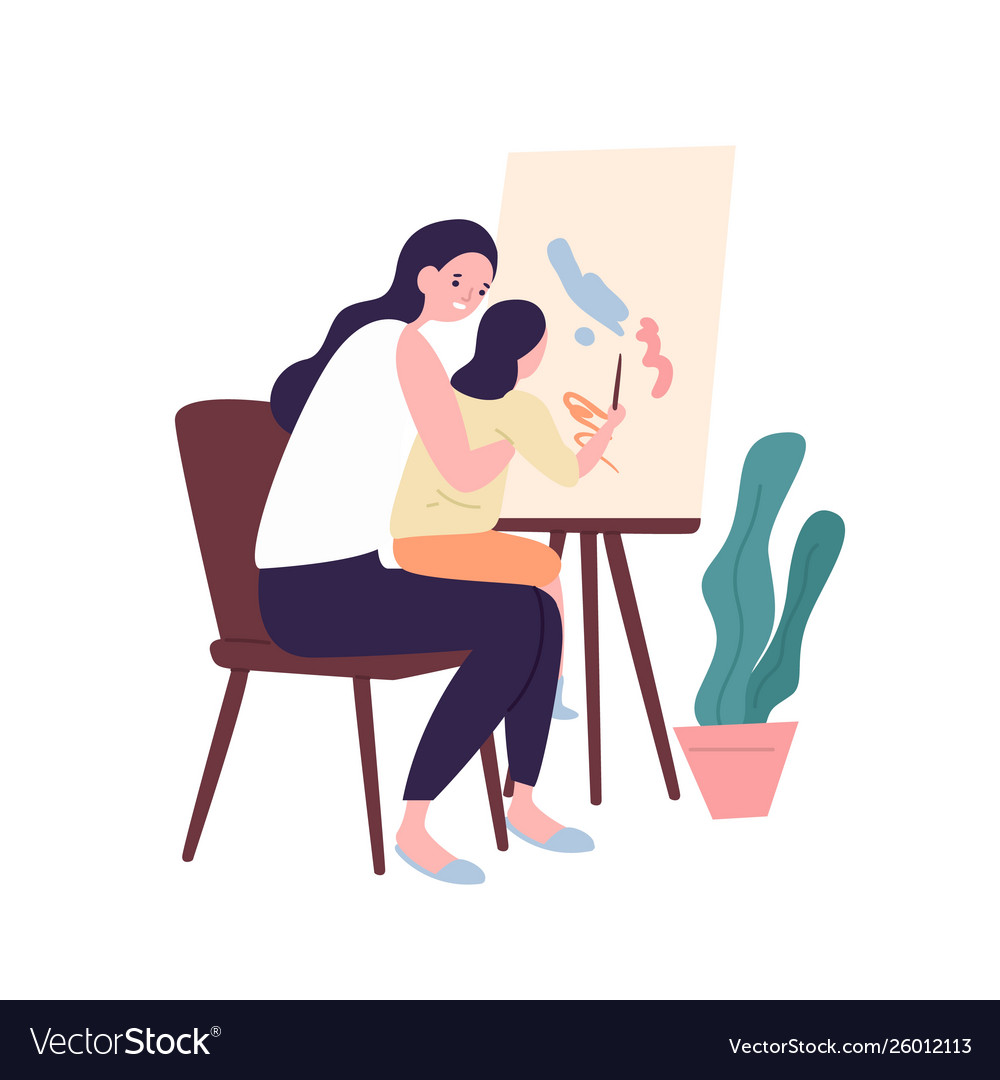 Adorable Mother And Daughter Painting Or Drawing Vector Image