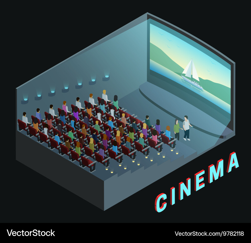 Cinema interior view isometric composition poster Vector Image