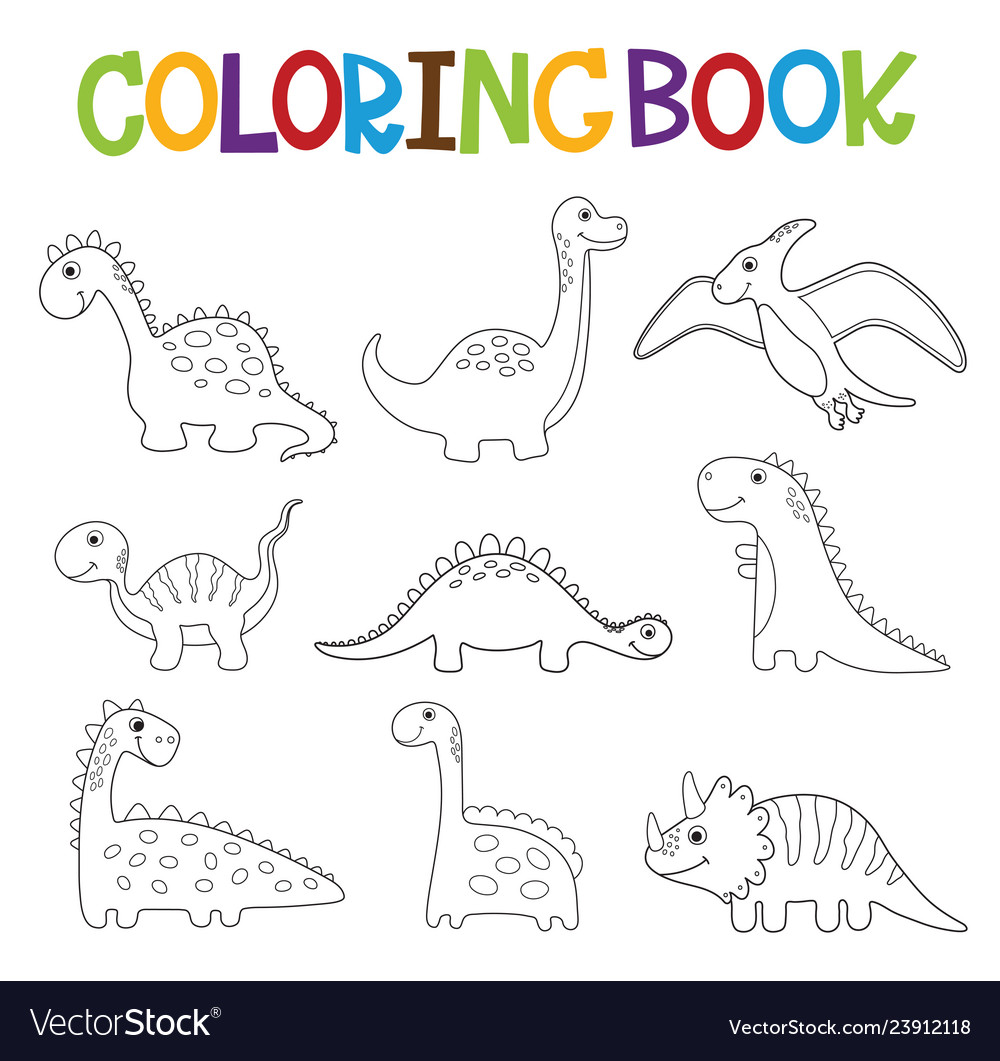 Funny cartoon dinosaurs collection coloring book Vector Image