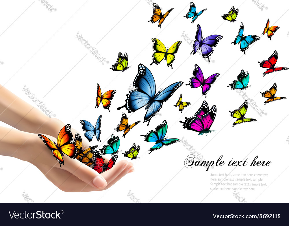 Hands Releasing Colorful Butterflies Royalty Free Vector