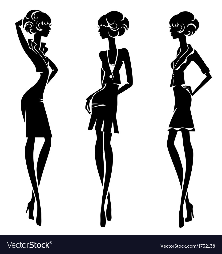 Three silhouette stylish girls isolated on a white